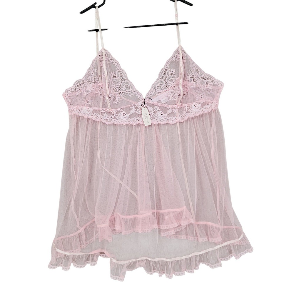 Victorias Secret Babydoll Top L Pink Lace Sheer Ruffle Chemise Camisole Nightie